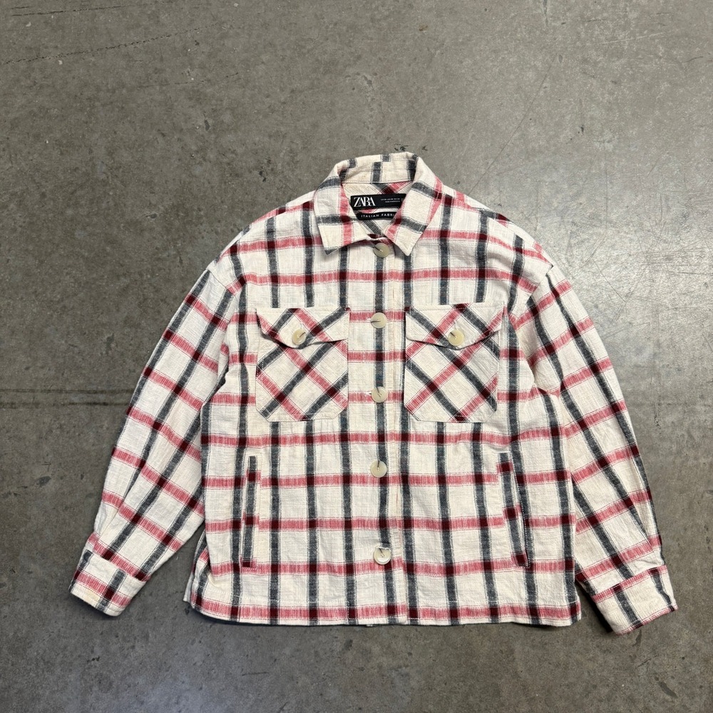 Zara Man Italian Fabric Plaid Button Down Shirt Red Navy Cream Mens XS
